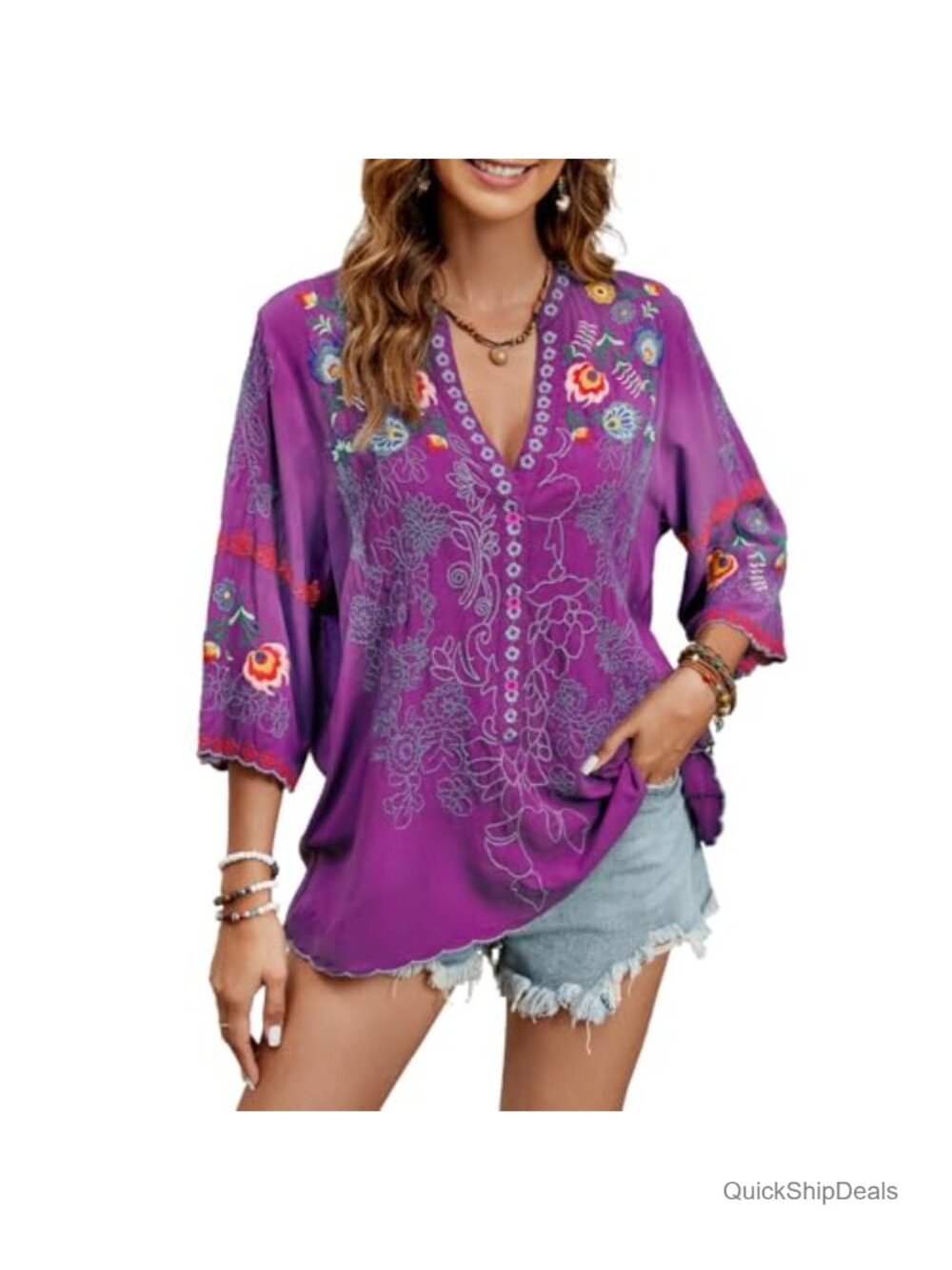 Embroidered Peasant Blouse 3/4 Flared Sleeve V Neck Tunic Top